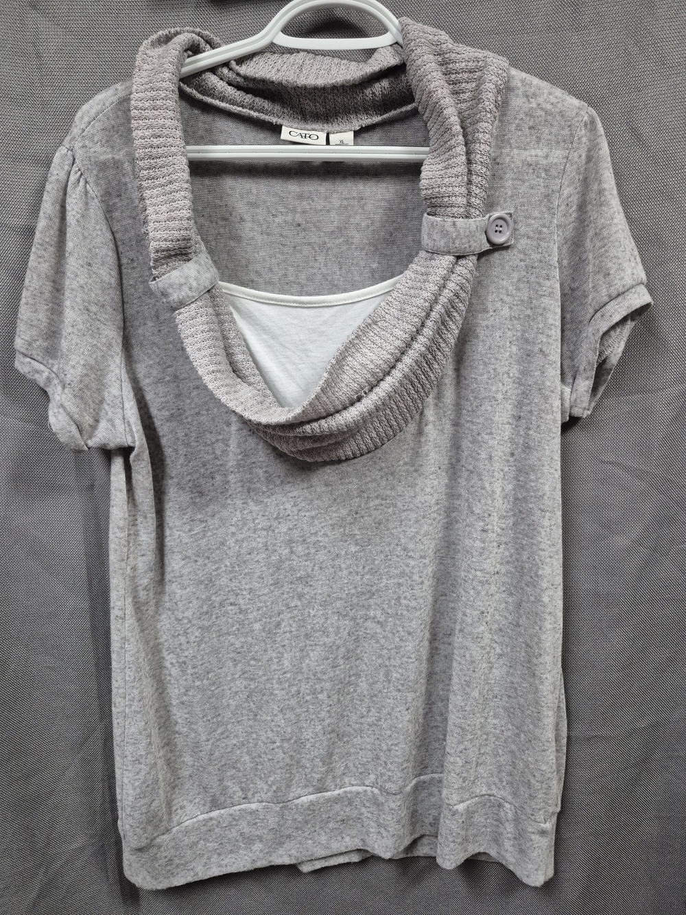 Cato Gray Short-Sleeve Cowl Neck Sweater with Button Detail